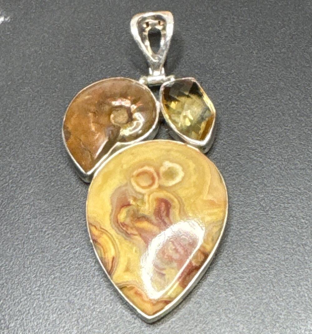 925 Sterling Silver Ammonite Fossil, Citrine & Crazy Lace Agate